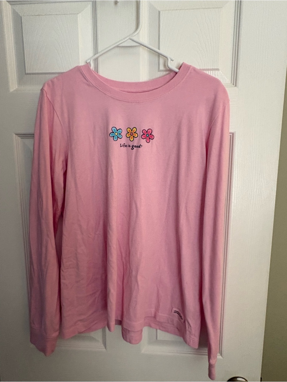 Life Is Good Pink Long Sleeve Tee with Colorful Flower Icons